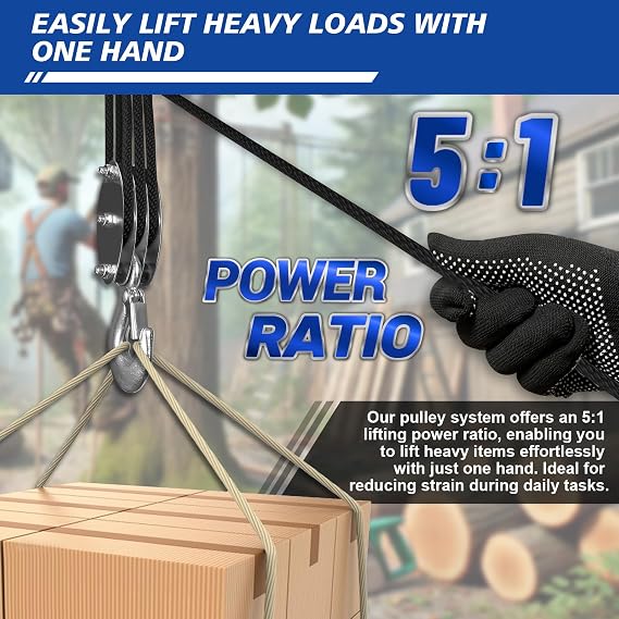 Block and Tackle Pulley System - Upgraded 3 Wheel Rope Hoist, 5:1 Lifting Power, 500kg Workload with 5/8 Rope, Ultra Compact Garage Rope Hoist