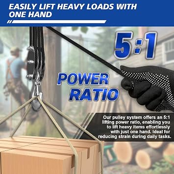 Block and Tackle Pulley System - Upgraded 3 Wheel Rope Hoist, 5:1 Lifting Power, 500kg Workload with 5/8 Rope, Ultra Compact Garage Rope Hoist