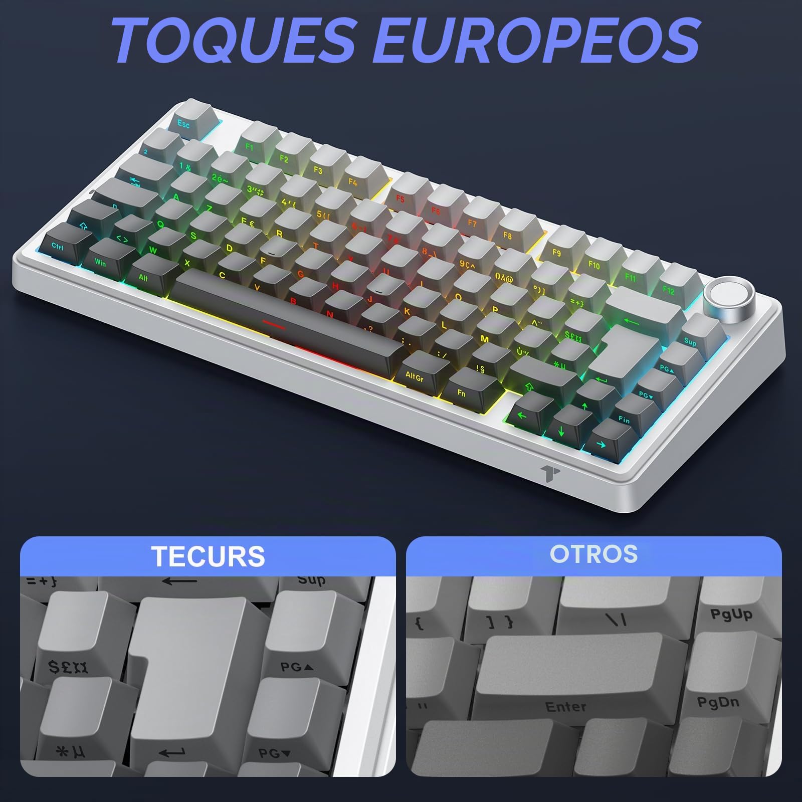 TECURS Teclado mecánico para juegos: 75% ISO-FR inalámbrico de intercambio en caliente, montaje en cesta, RGB, MK209 teclado para juegos AZERTY con knob, teclado tri-modo TKL, teclas PBT, sonido