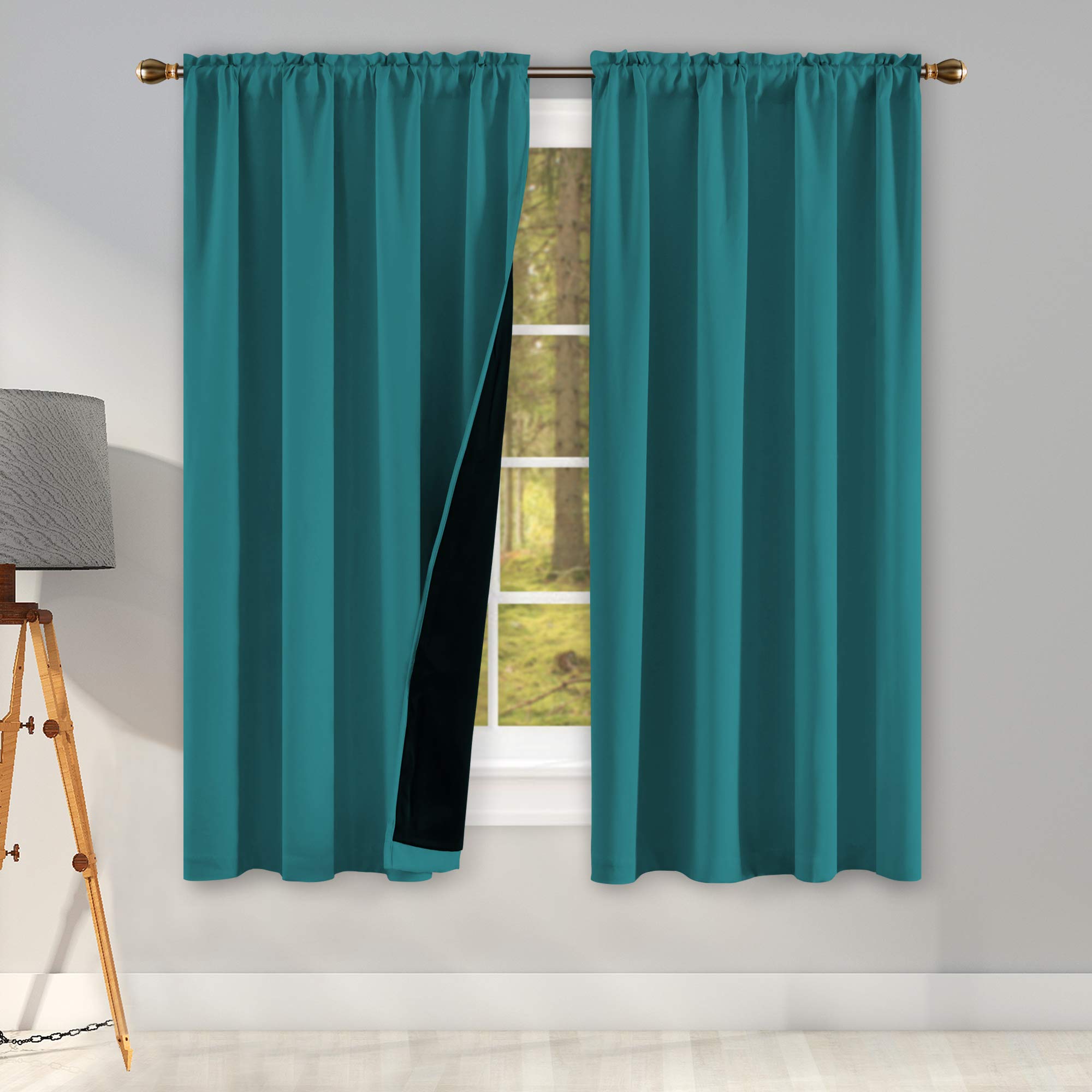 KEQIAOSUOCAI 100PCT Teal Blackout Window Curtain Panels with Black Lined for Bedroom - Thermal Insulated Noise Blocking Out Rod Pocket Drapes for Living Room(1 Pair 42 x 63 Inch Length)