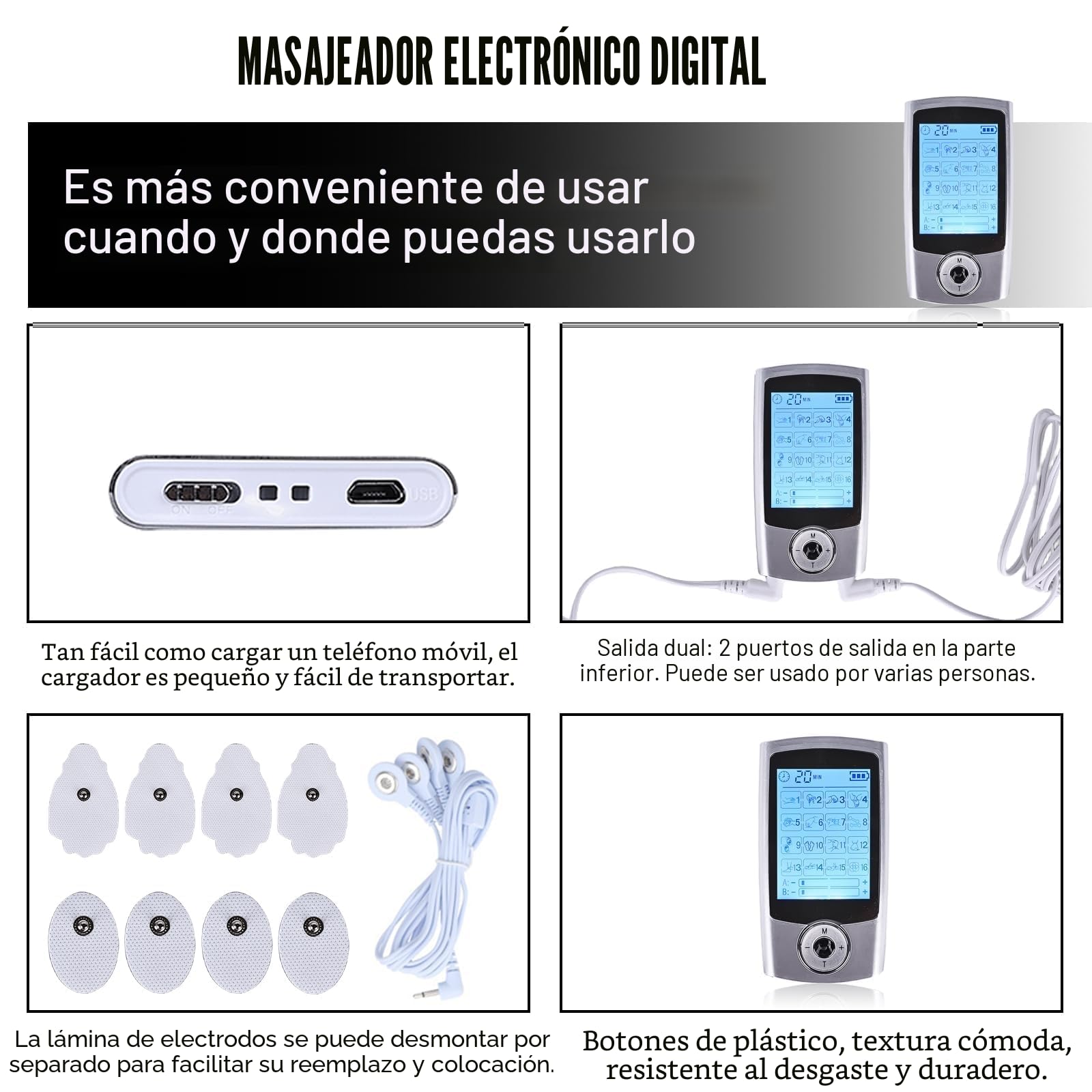 TENS Dispositivo de 16 modos, dispositivo de alimentación recargable contra el dolor, 16 programas de entrenamiento, 20 niveles de intensidad, 2 canales, almohadillas electrodos premium, dispositivo