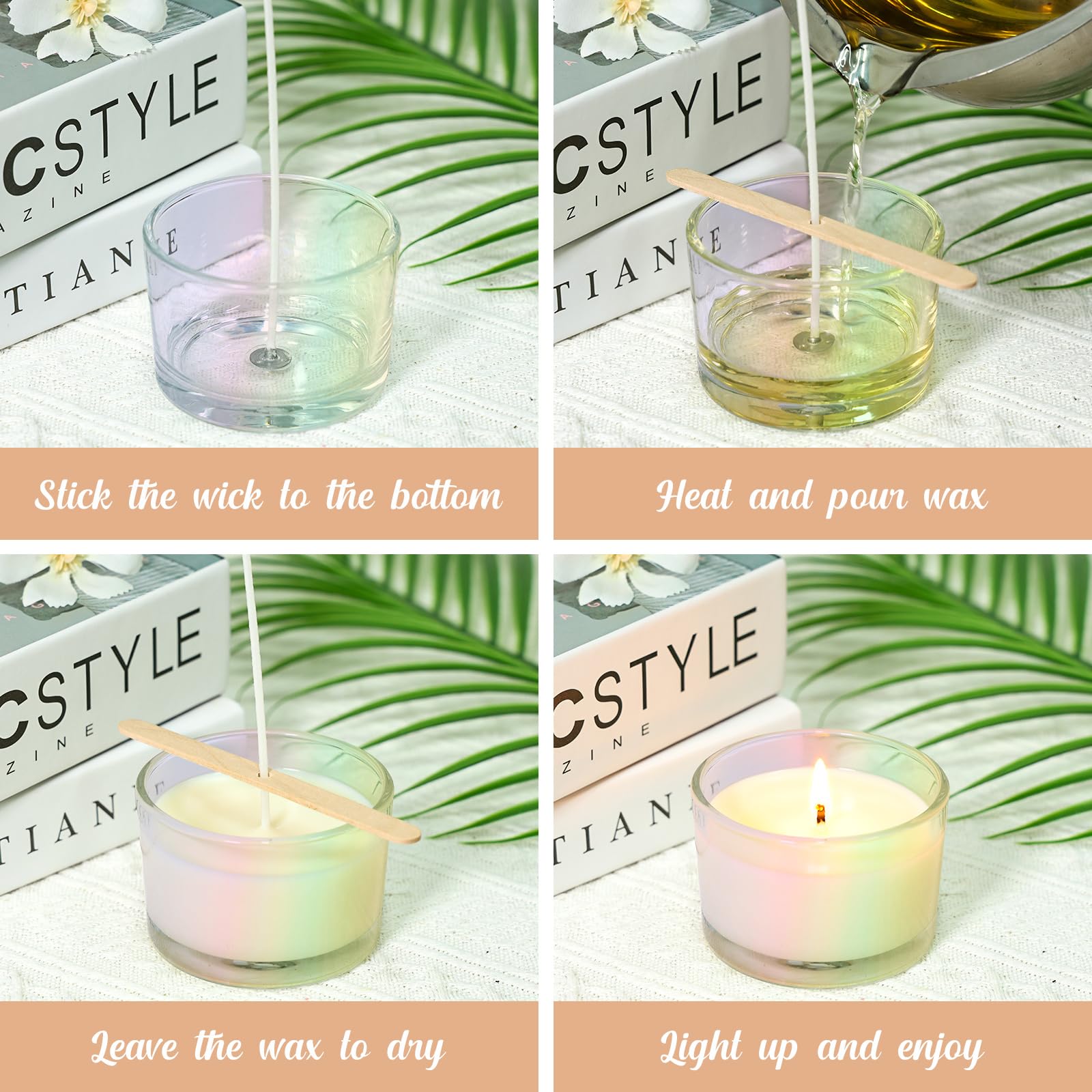 SUPMIND Confezione da 15 barattoli per candele iridescenti, in vetro a bocca larga, con coperchio in bambù per realizzare candele, contenitore per candele sfuse con kit di stoppini, ideali per