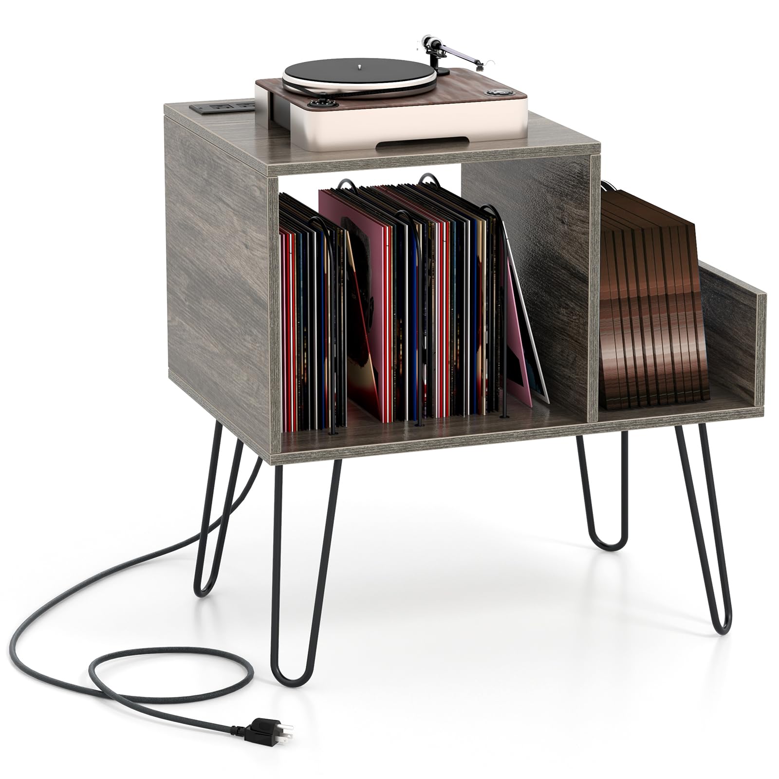 Giantex Record Player Stand with Charging Station, Turntable Stand with Vinyl Divider & Display Shelf, Mid-century Modern End Table Holds Up to 150