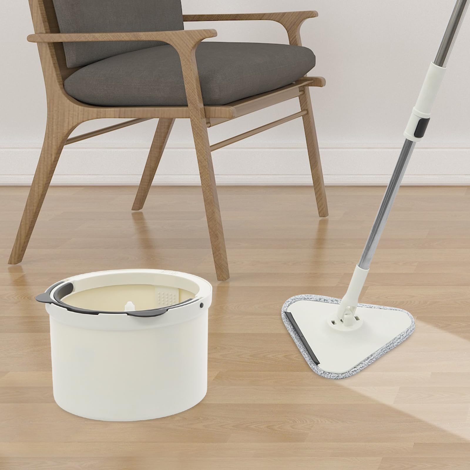 Juego de fregona y cubo giratorio negro, conjunto de limpieza con mango telescópico ajustable y cubo giratorio de 360° con 5 paños de limpieza para fregonas