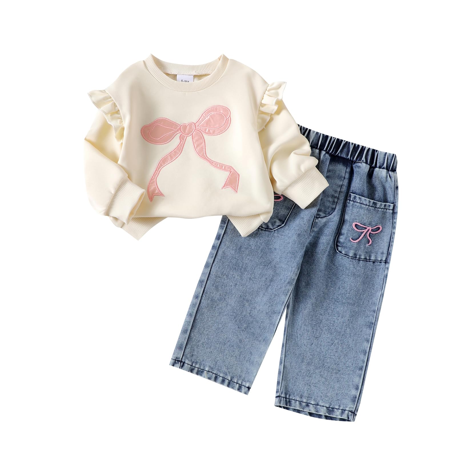 Toddler Baby Girl Clothes Fall Spring Outfit Bow Embroidered Long Sleeve Sweatshirt Denim Jeans Pants 2pcs Set