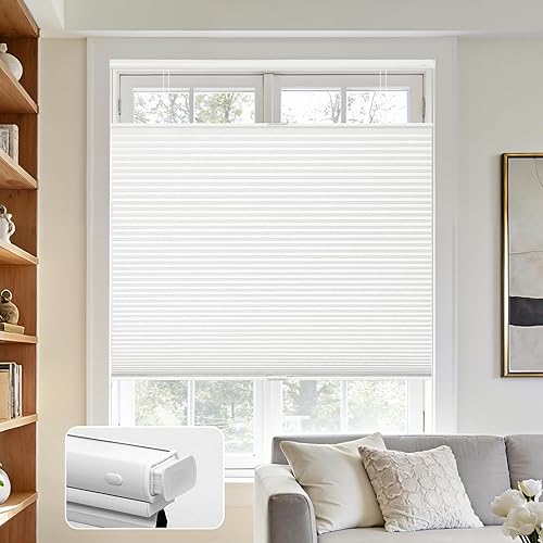 Joydeco No Tools No Drill Blinds for Indoor Windows, Cordless Window Blinds Cellular Shades Top Down Bottom Up Blackout Honeycomb Blinds Thermal Insulated Noise Reduction (White, 34" W x 64" H)