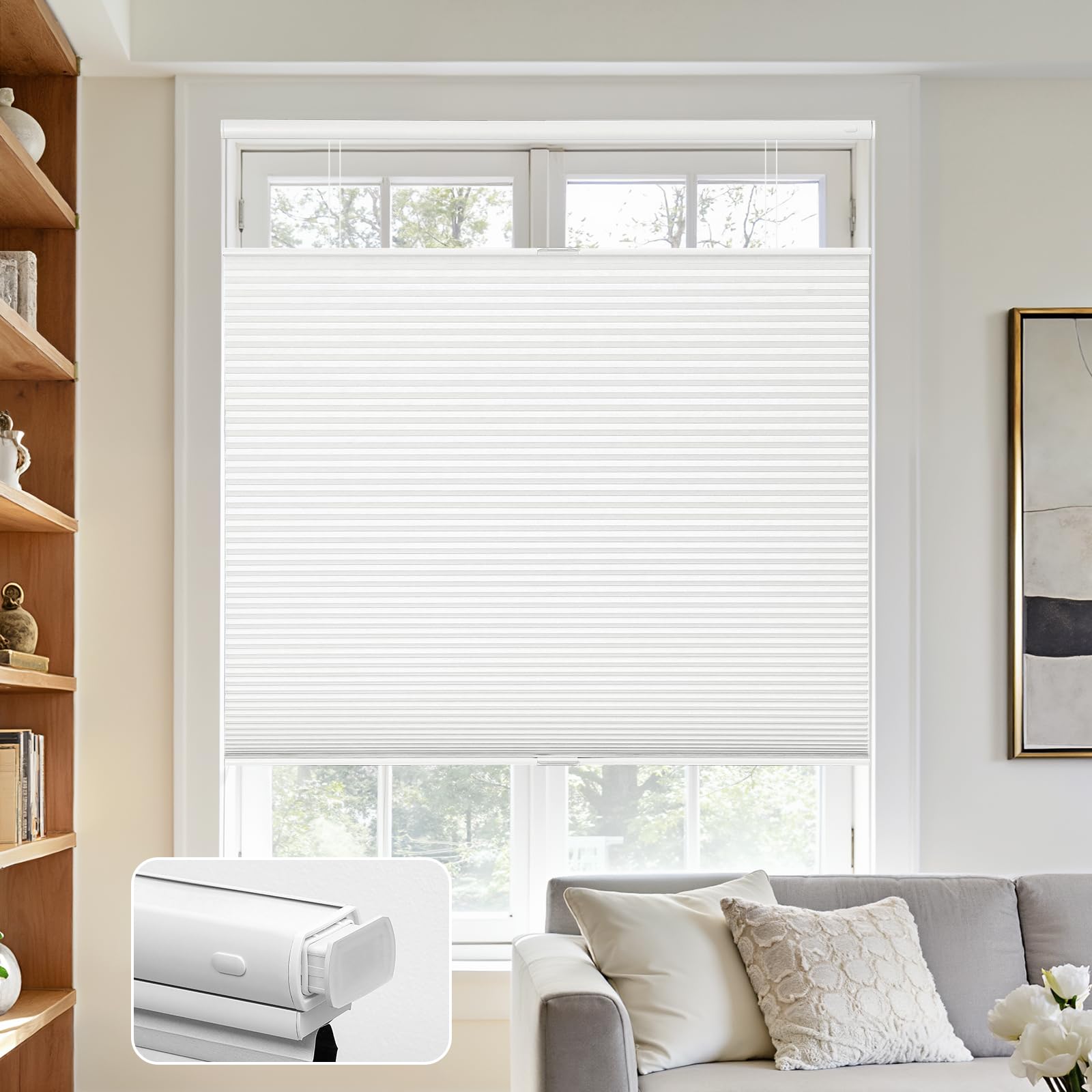 Joydeco No Tools No Drill Blinds for Indoor Windows, Cordless Window Blinds Cellular Shades Top Down Bottom Up Blackout Honeycomb Blinds Thermal Insulated Noise Reduction (White, 25" W x 64" H)