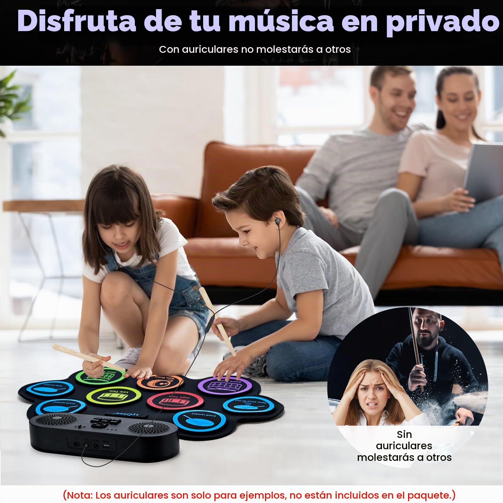 Batería electrónica Lychee con conector para auriculares, 9 almohadillas enrollables estéreo para práctica de batería, altavoz integrado, pedales y baquetas compatibles con conexión externa, ideal com