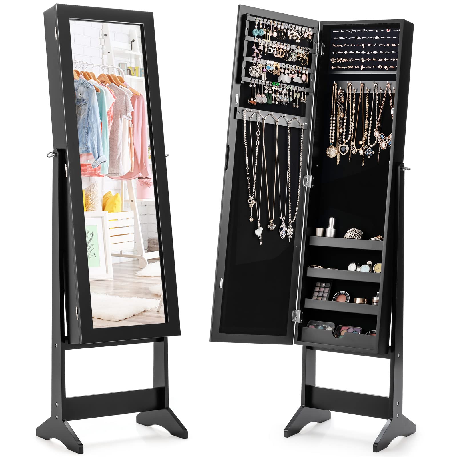 RELAX4LIFE RELAX4LIFE Armario para Joyas con Patas, Joyero con Espejo de Cuerpo Entero Ajustables en 4 Ángulos, Organizador de Joyas con Puerta Magnética para Pendientes, Collares y Anillos (Negro)