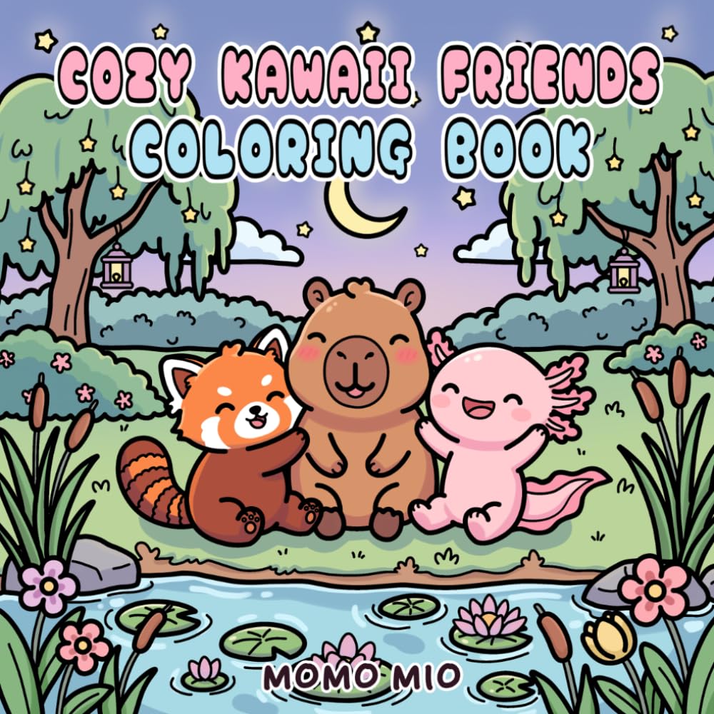 Cozy Kawaii Friends: A Bold and Easy Coloring Book for Kids and Adults Featuring Cute Axolotls, Capybaras, and Red Pandas