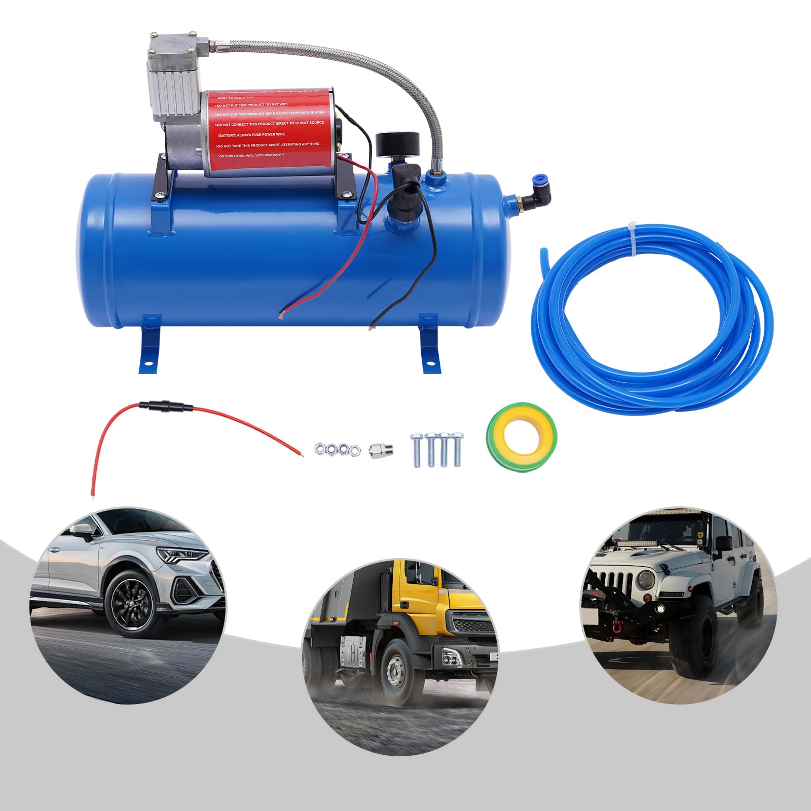 Compressore d'aria da 12 V con serbatoio da 6 L, compressore d'aria per auto, sistema di compressore d'aria integrato, 100 psi, per clacson d'aria, gonfiaggio pneumatici, camion, SUV, ecc.