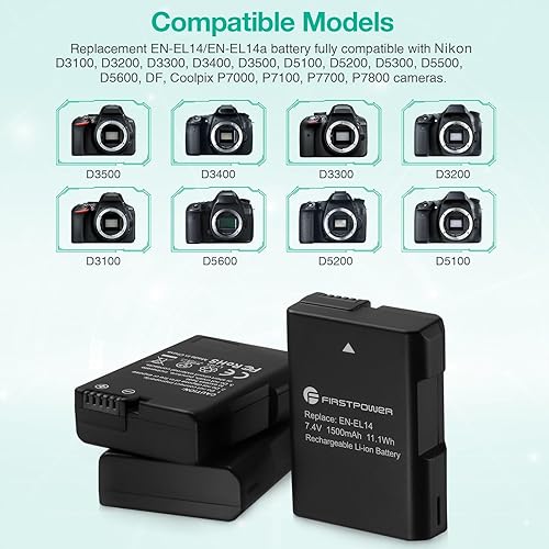 Miniatura 3 de FirstPower EN-EL14 / EN-EL14a Paquete de 3 baterías y cargador de triple ranura para Nikon D3500 D3400 D3300 D3200 D3100 D5600 D5500 D5300 D5200