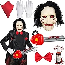 Halloween Saw Jigsaw Mask Set with Scary Horror Mask, Gloves, Tie, Handkerchief, Fake Blood Spray and Inflatable Saw. Halloween Cosplay Unisex