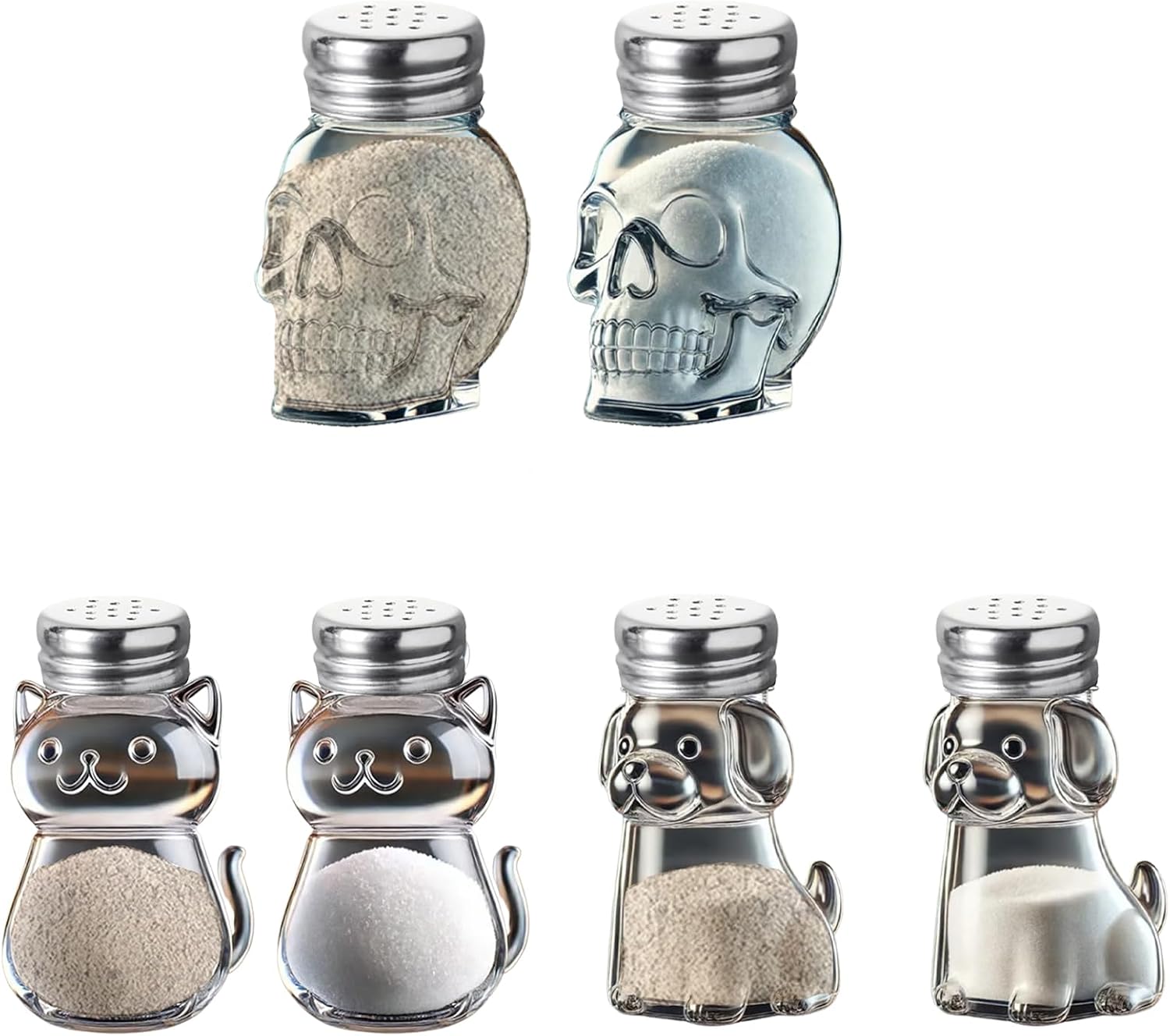 Funny Salt and Pepper Glass Bottle Unique Cat Dog And Skull Designs Stylish Spice Containers Perfect For Family And Restaurant Use (Full set (6 pieces))