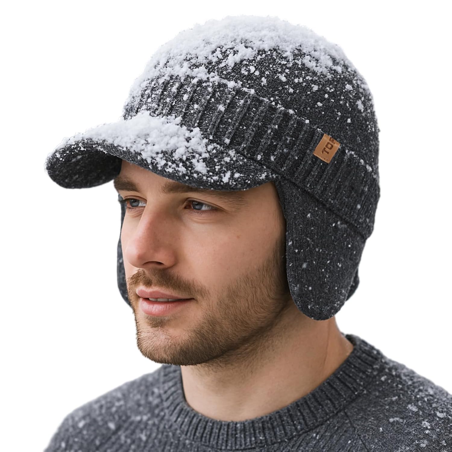 TOP-EX DryKnit XL XXL 80 Merino Wool Waterproof Brim Beanie with Ear Flaps Fleece Lined Hat for Cold