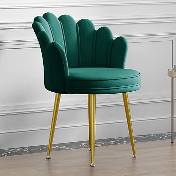 Vanity Chair with Back,Cute Accent Chairs Velvet Fluffy Makeup Chair with Metal Legs,Modern Living Room Chair Comfy Mid-Back Dining Chair for Kitchen Bedroom 1pcs17x18x29, Green
