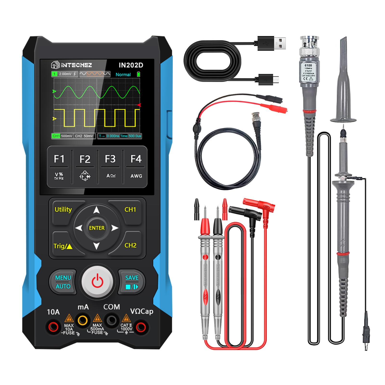 Multimetro oscilloscopio portatile IN202D, larghezza di banda 80MHz, frequenza di campionamento 200MS/s, 6000 conteggi, tensione, corrente, condensatore, resistenza, test diodi
