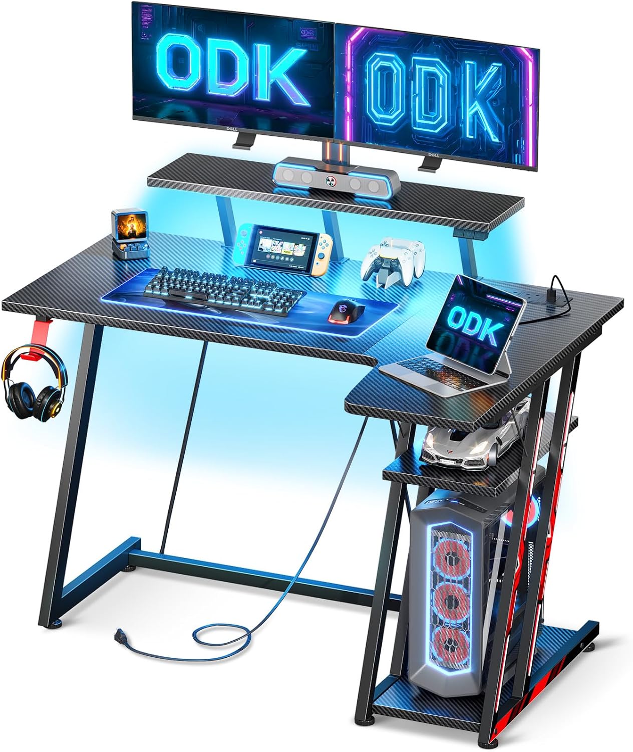 ODK L Shaped Gaming Desk with LED Lights & Power Outlets, Gaming Table with Monitor Stand, Corner Gaming Desk with Storage, Computer PC Desk Carbon Fiber Black 100 cm