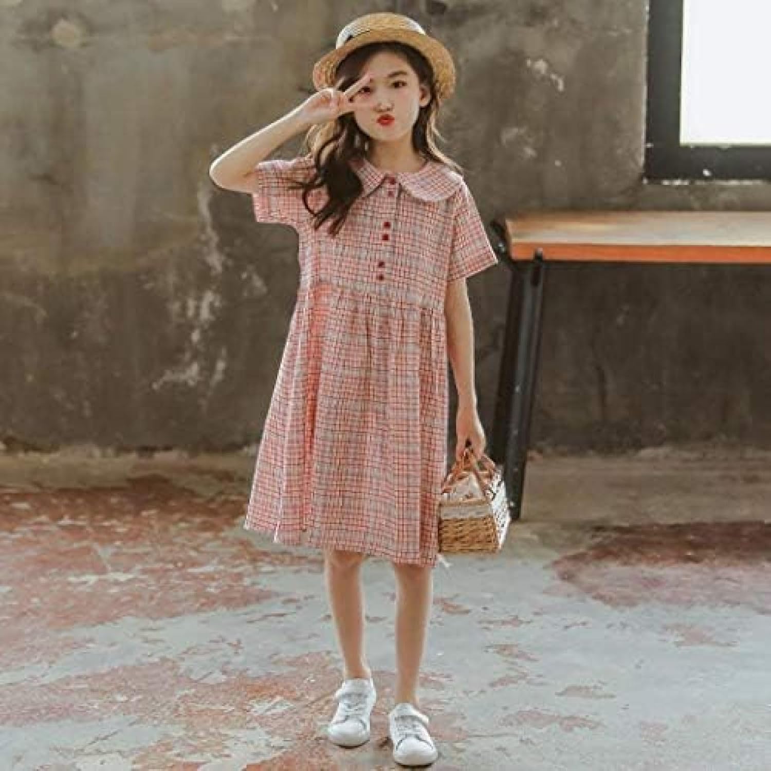 [HBQZHS] ワンピース ガールズ キッズ服 ドレス 子供 女の子 半袖 ブラウス チェック柄 夏服 通園 通学 夏 カジュアル