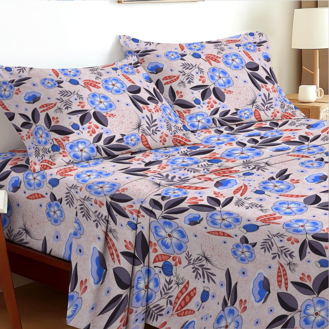 EverSoft Bedding Single 3-Piece Luxury Sheet Set Soft Flower Design Floral Print Bedding Includes 35cm Extra Deep Fitted Sheet, Flat Sheet & 1 Pillowcase Boutique Hotel Quality Harvest Bloom
