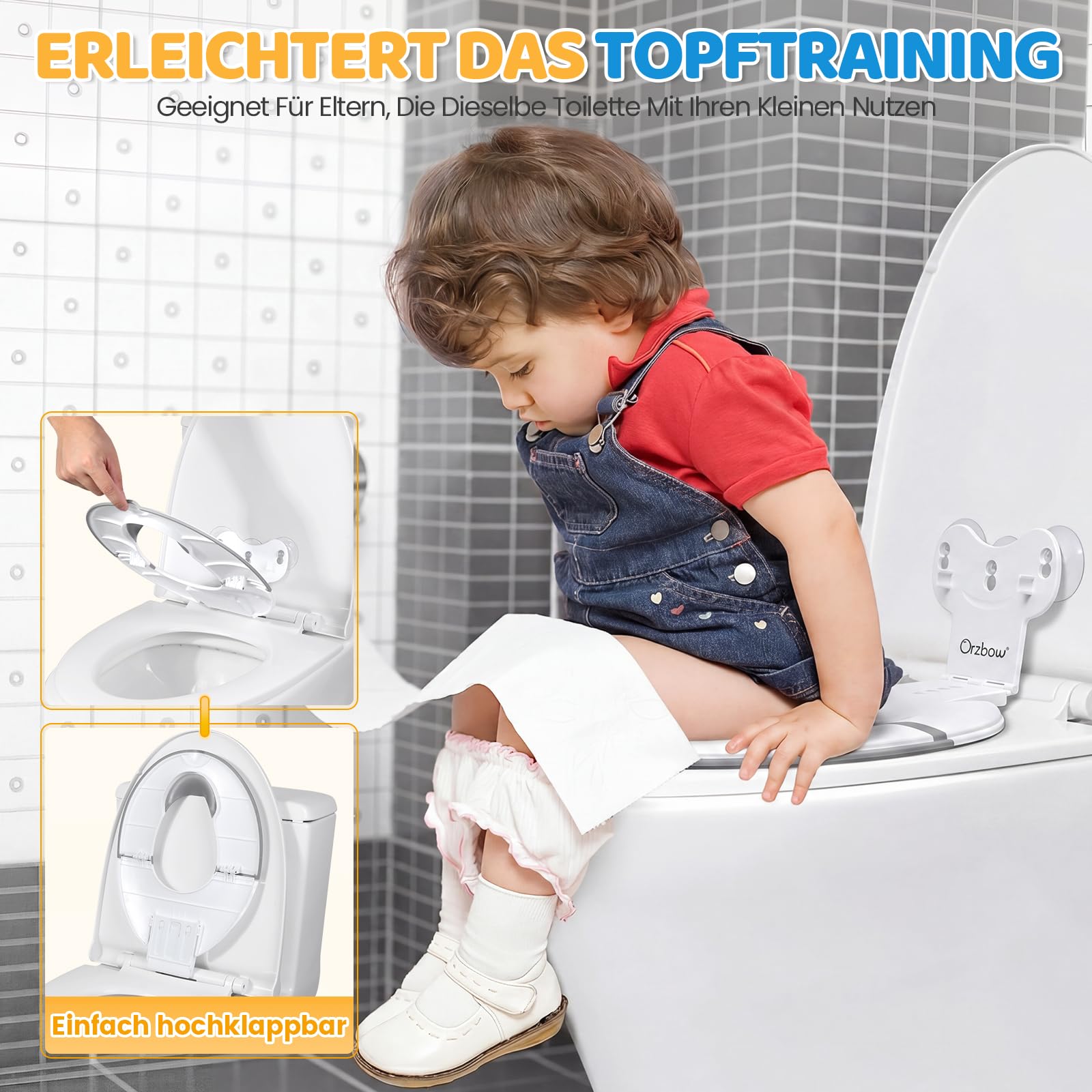 Orzbow Faltbarer Toilettensitz Kinder, Tragbarer Kinder Toilettensitz mit Weichgummi-Urin Barriere, Universal Klositz für Kinder mit Saugnapf, Einstellbare Länge, Einfach zu Benutzen, Weiß