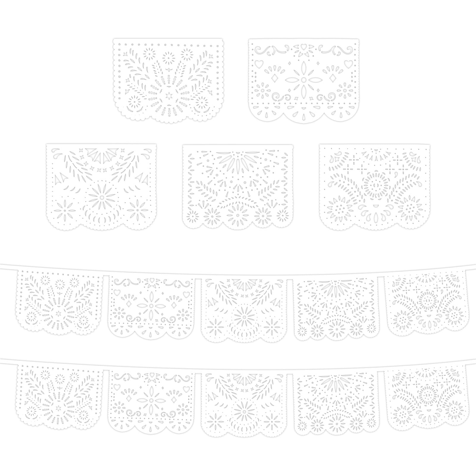 Mexican Banner, 5 Styles Durable White Mexican Papel Picado Banner Funny Cielito Lindo Themed Para Fiesta Party Decoration Suitable for Wedding Carnival Party Decoration Supplies