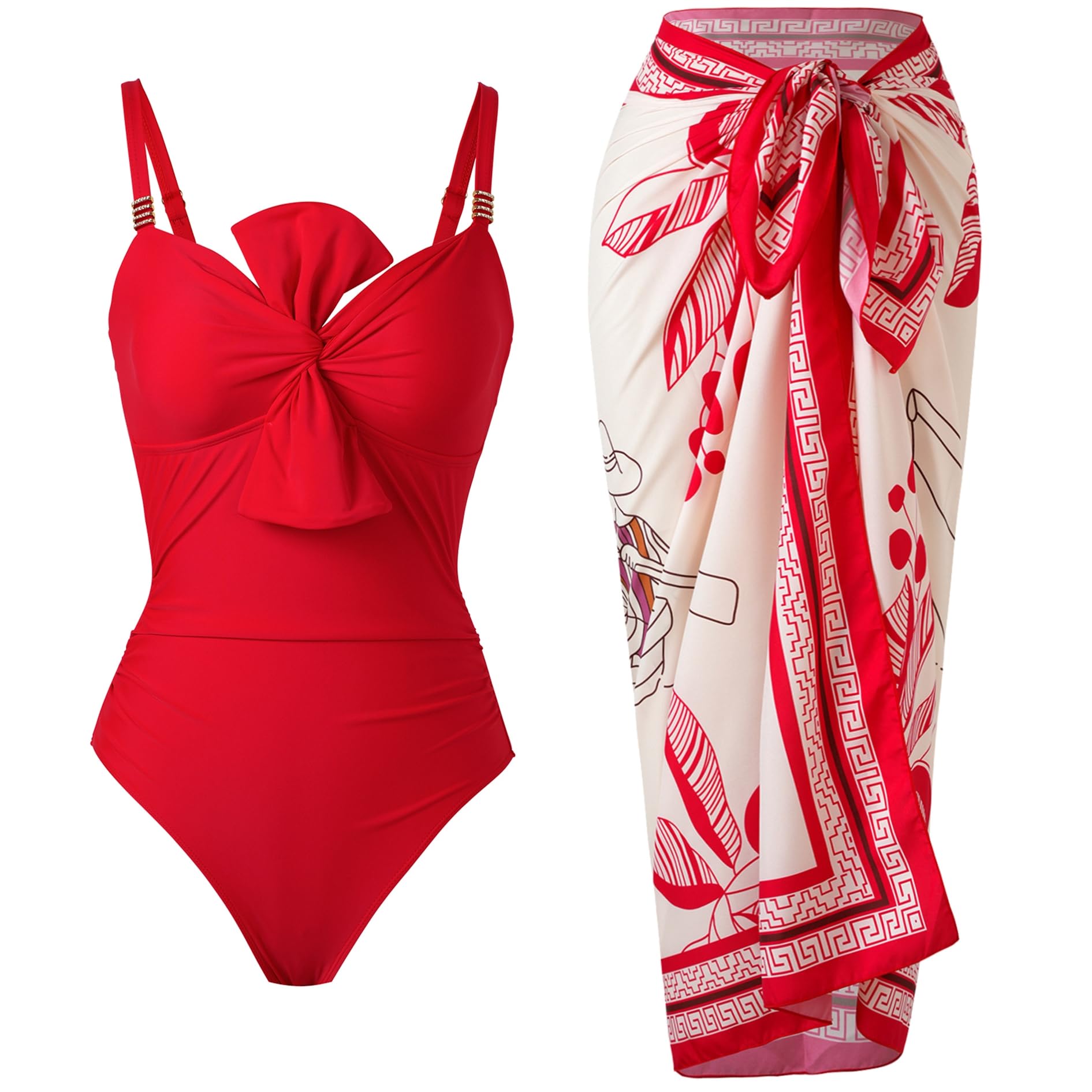 Photo 1 of **MISSING PARTS**
One Piece Swimsuit for Women with Cover Up Set Retro Bathing Suit Tummy Control Knot Swimwear Beach Wrap Skirt Red