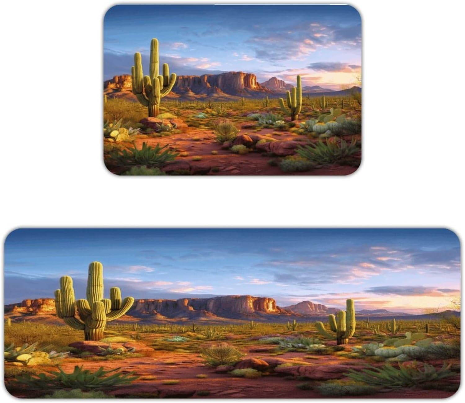 Cactus Landscape Kitchen Mat Washable Non Slip Rugs Soft Kitchen Mats for Floor Set of 2 PCS Cushioned Absorbent Runner Standing Rugs for Home Sink Laundry Office