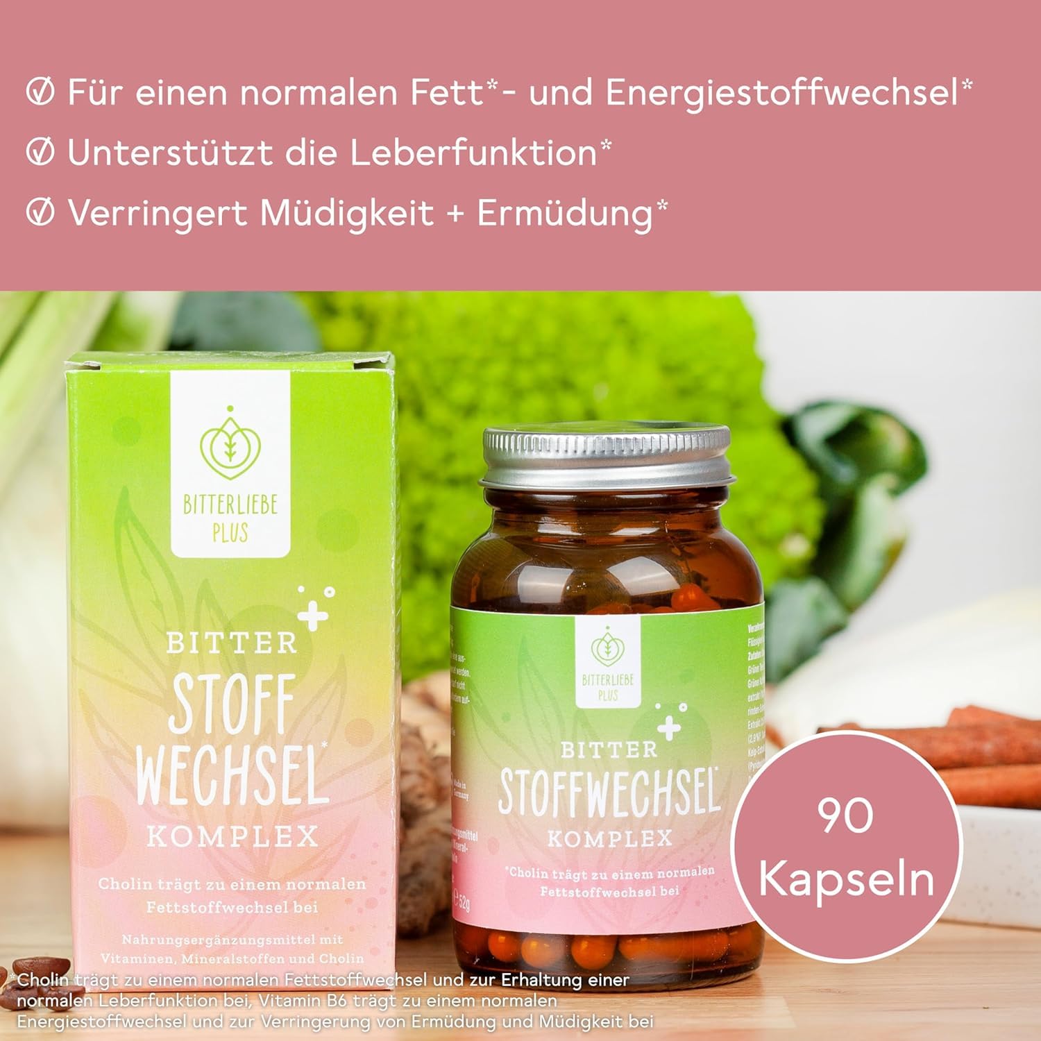 BitterLiebe® Bitter Stoffwechsel * Komplex - 90 hochdosierte Kapseln mit Cholin, Zink, Vitaminen & Bitterstoffen - Für einen normalen Fett- und Energiestoffwechsel * - Vegan & Made in Germany