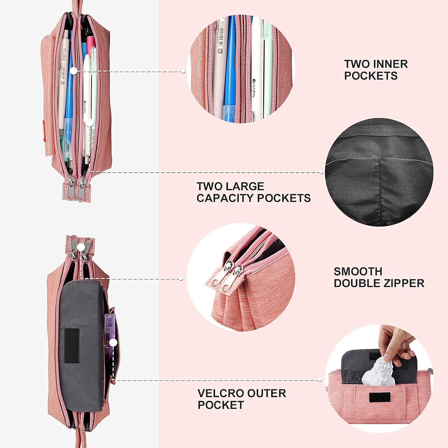 Pencil Case with TWO Large Compartments Pocket Big Capacity Pencil Pouch Holder Pen Case Makeup Bag School Supplies Office Stationery Storage Gift for School Students Girl Boy Adult Teen-1 Pack Pink