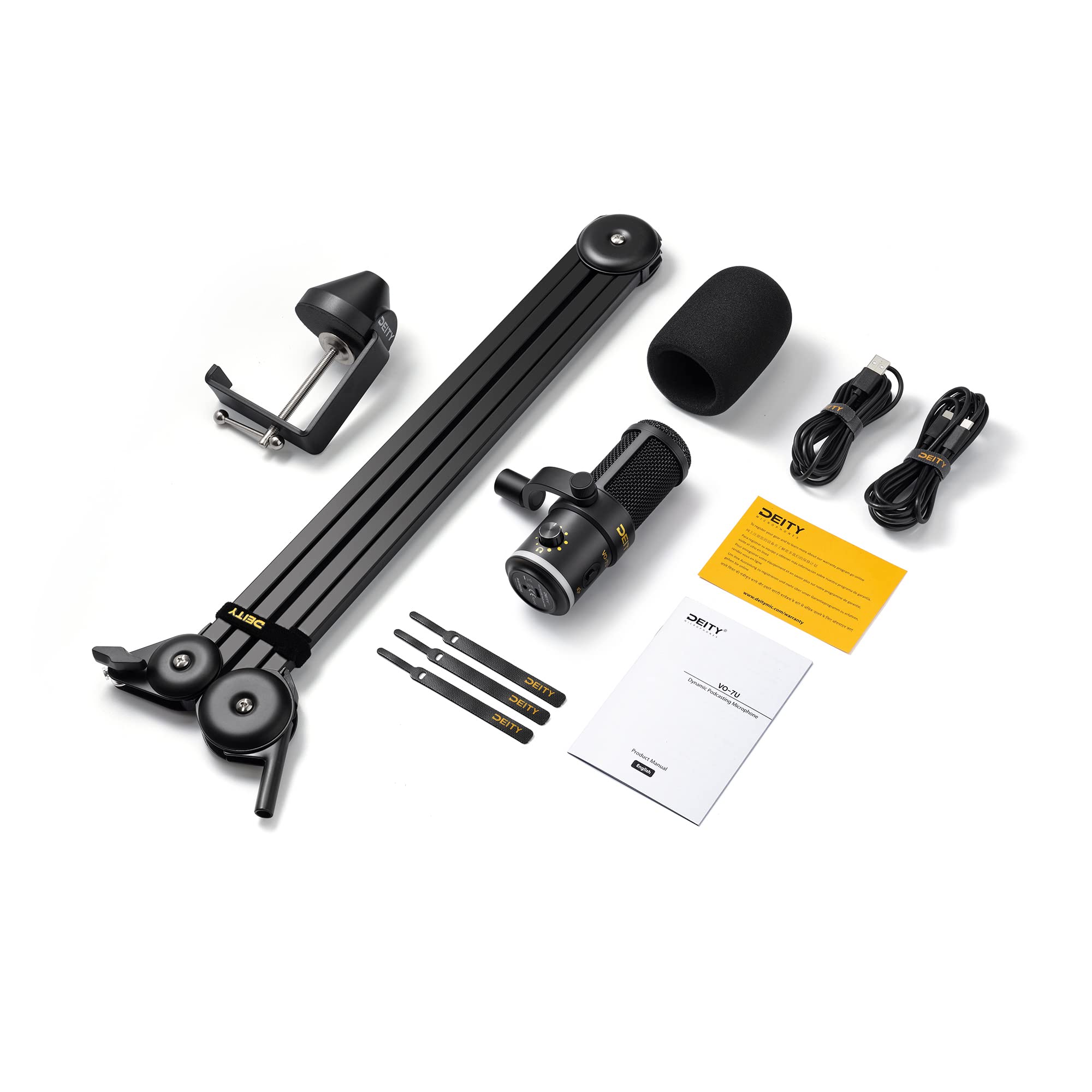 Deity VO-7U - Microfono a condensatore dinamico interamente in metallo per podcasting, registrazione, live streaming, gaming, interfaccia monitor integrata da 3,5 mm (con braccio per microfono)