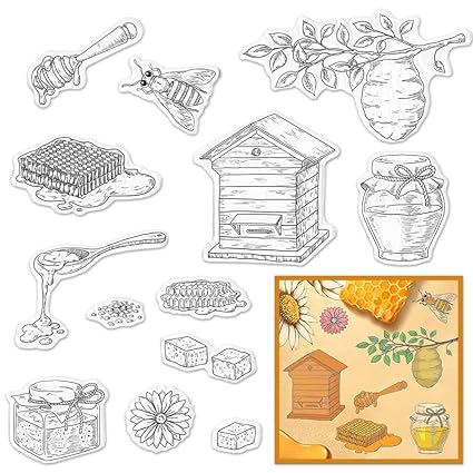 Spring Beehive Clear Stamps for Card Making, Honeybees Honeycombs Stamps Honey Spoons Honeypots Bumble Bee Transparent Rubber Seal Stamps for DIY Photo Scrapbooking Card Album Crafting Supplies