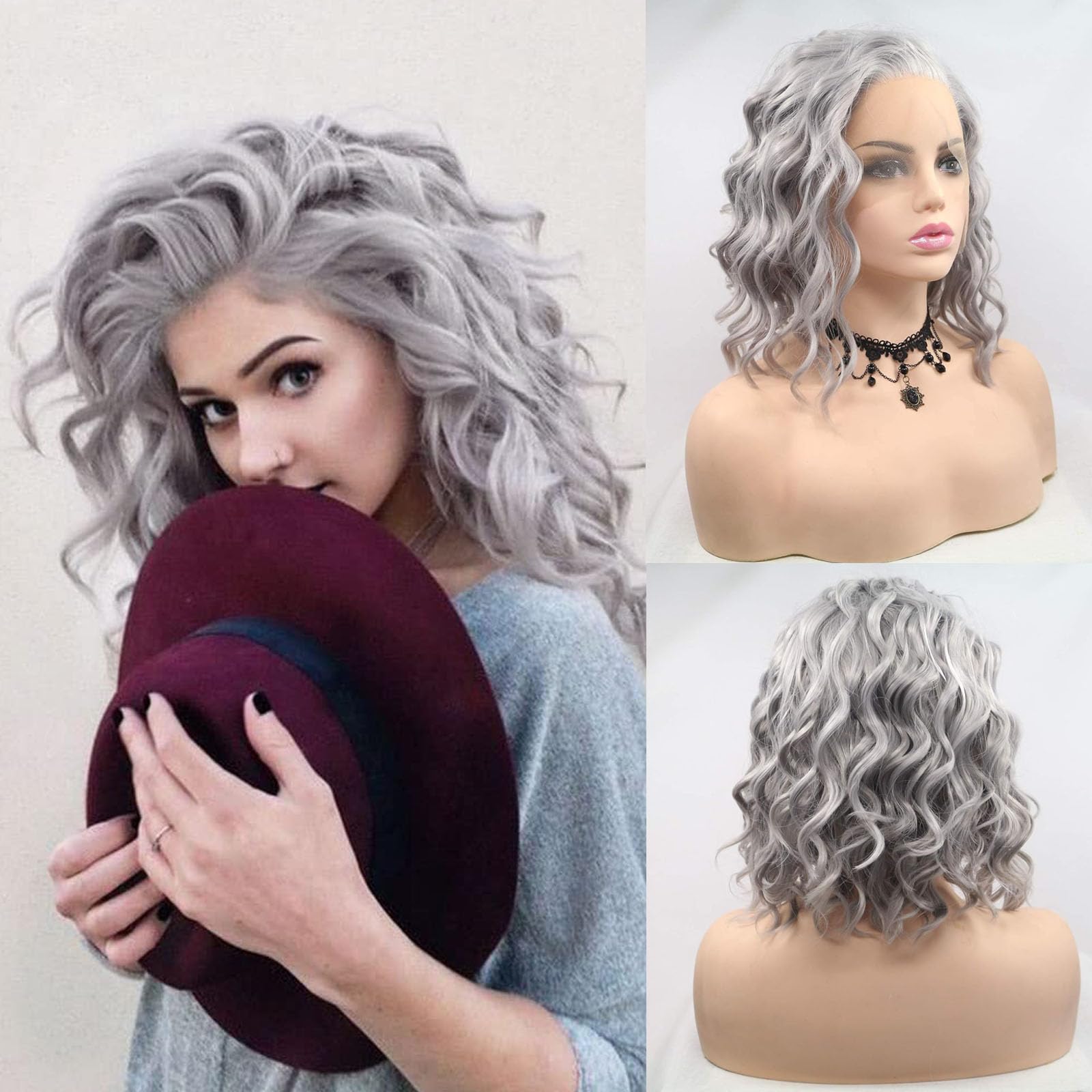 14” Grey Lace Front Wigs Short Bob Wavy Gray Wig Amazon.com : Grey Lace Front Wig for Women Silver Gray Short  main image 2