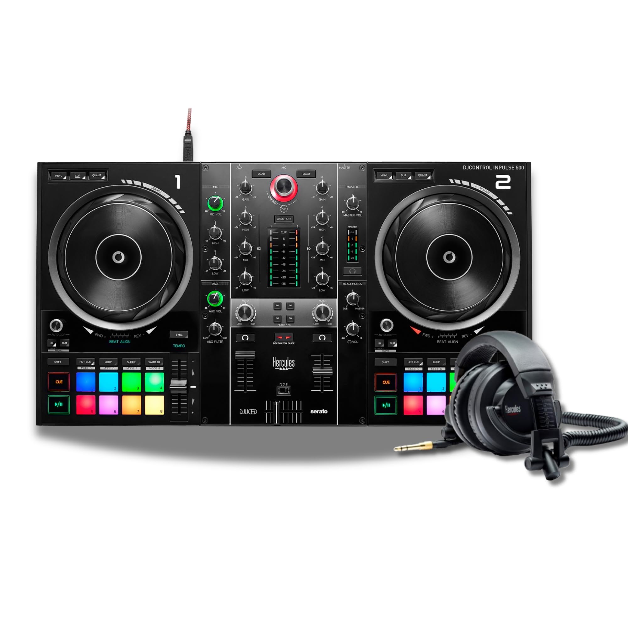 Hercules DJControl Inpulse 500 - Controladora de DJ USB de 2 decks para Serato DJ Lite y DJUCED + Hercules HDP DJ45 - Auriculares cerrados para DJ