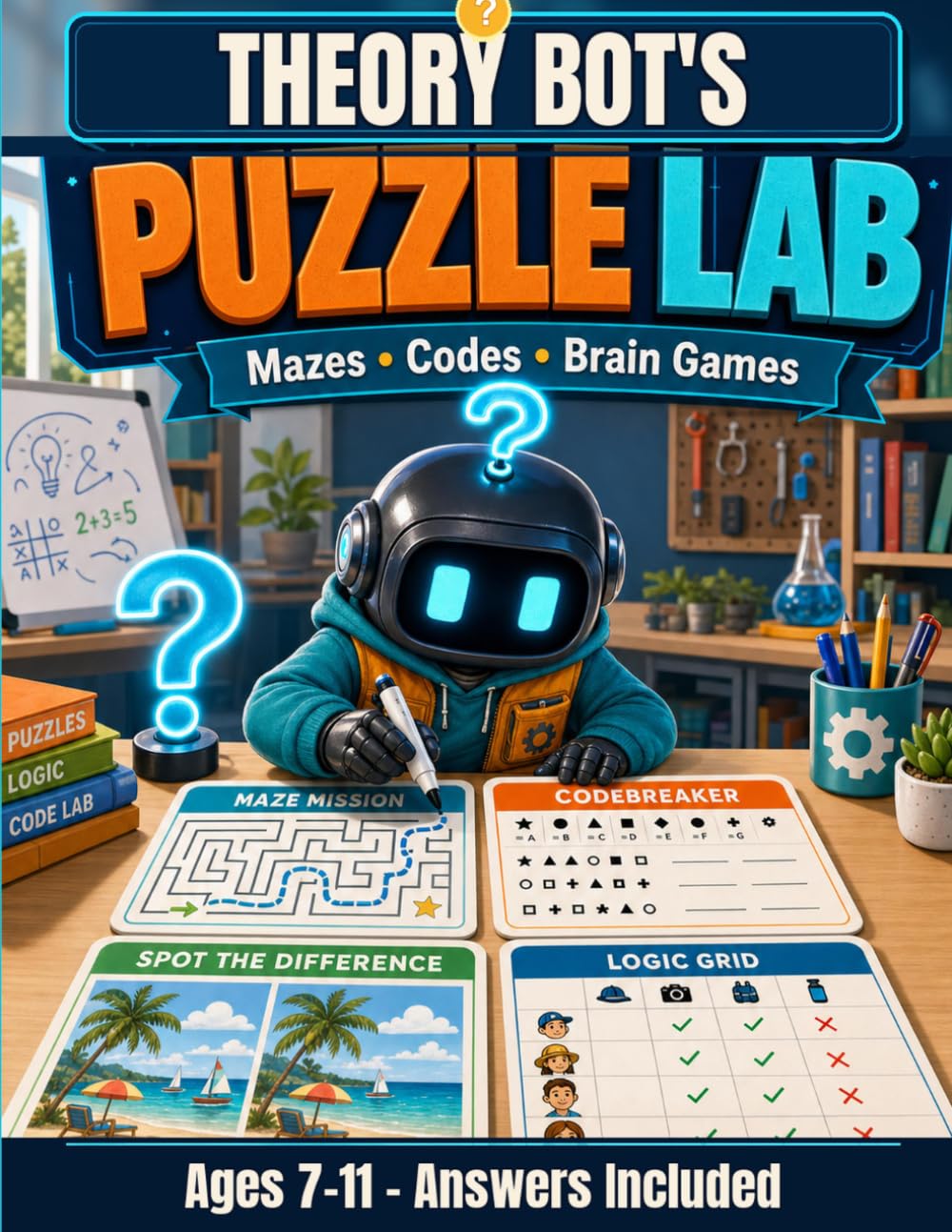 Theory Bot's Puzzle Lab: Mazes, Codes, Word Searches, Logic Patterns, and Brain Games for Kids Ages 7-11 with Answers Included