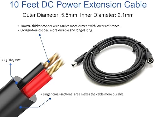 Miniatura 5 de 20AWG 10ft DC Power Extension Cable Cord for 12V AC DC Power Supply Adapter, CCTV Security Camera, DVR, NVR, LED Light Strips, 12V Home Appliances
