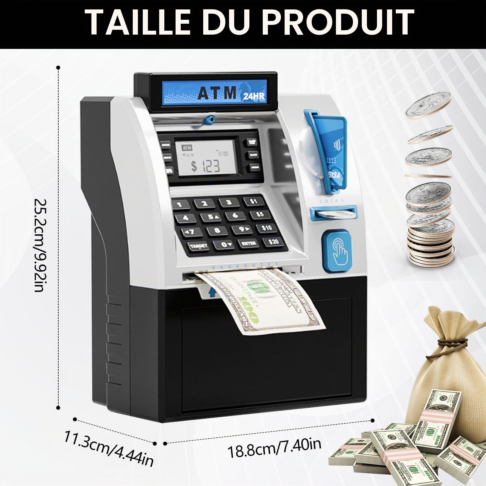 Banque D'épargne ATM électronique, Tirelire électronique avec Automatique Argent Faire Défiler Mini ATM Coffre-Fort avec Carte de Débit Invite Vocale de Connexion de Mot de Passe