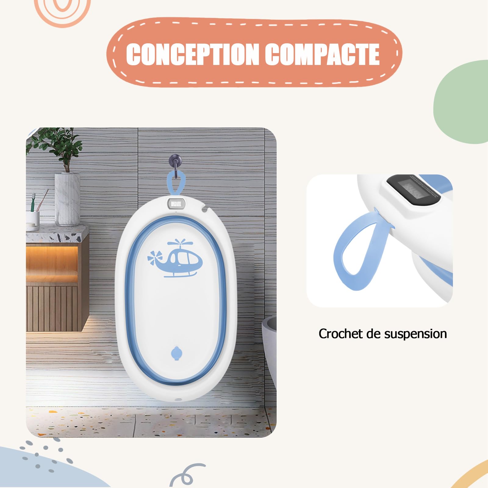 3 en 1 bañera plegable para bebé con manguera de drenaje – termómetro integrado – cojín de baño y correas de sujeción – bañera plegable para bebé escalable – regalo de nacimiento