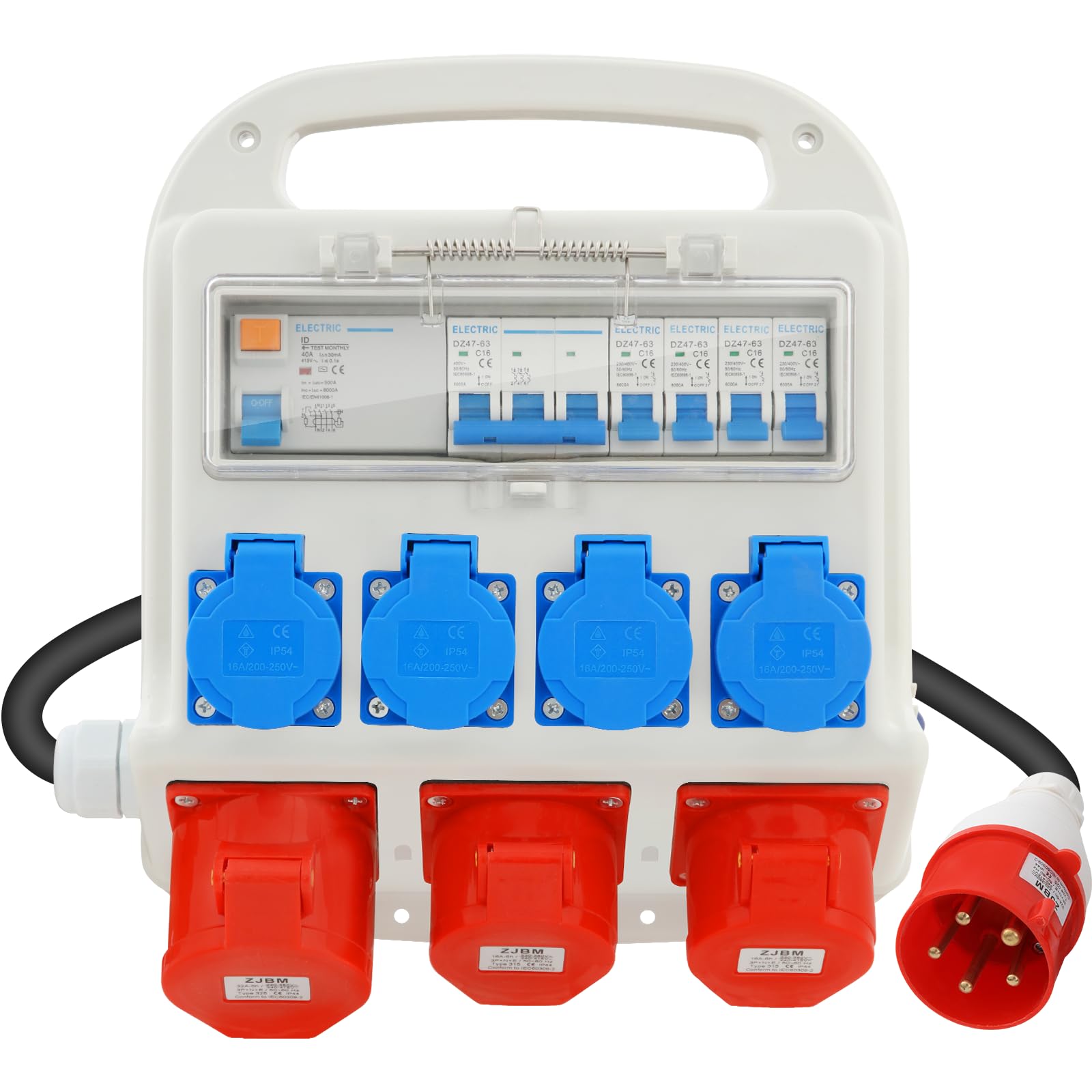 Distributore di corrente CEE 400V 32A, 4 uscite 230V, 2 circuiti 16A, 1 circuito 32A, protezione FI, distributore di potenza IP54, per cantieri edili