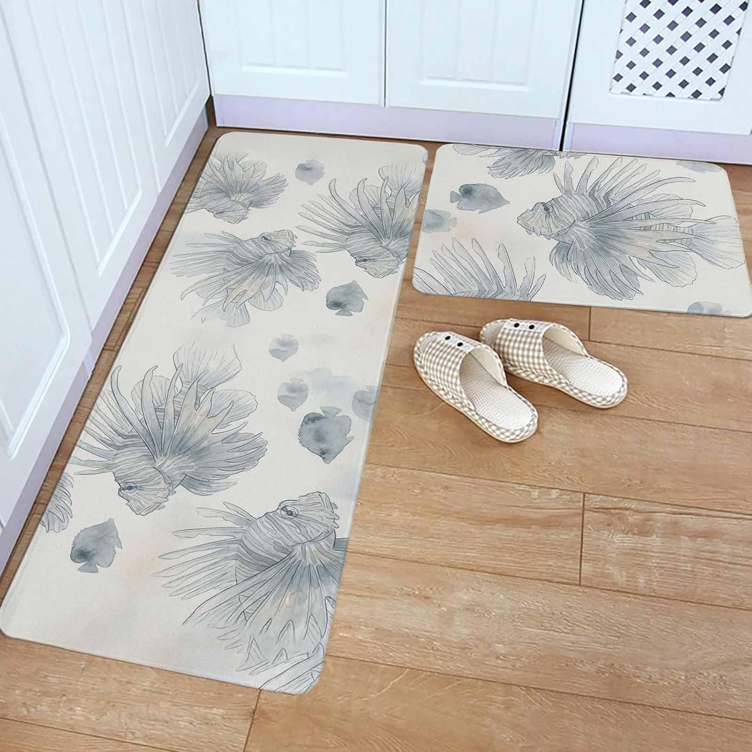 Beach Coastal Fish Kitchen Rugs and Mats Set of 2, Non-Slip Kitchen Sink Mat, Watercolor Sea Ocean Nautical Washable Doormat Bathroom Rugs Runner for Bedroom/Living Room 17.7"x30"+17.7"x47.2"