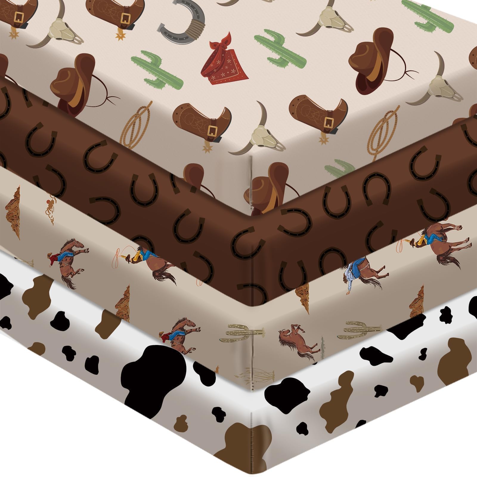 4 Pack Western Cowboy Crib Sheets Set - Fits Standard 52"x28"x8" Crib &amp; Toddler Mattress, Soft Breathable Polyester Baby Nursery Bedding, Cowboy Cow Print Fitted Sheets for Boys