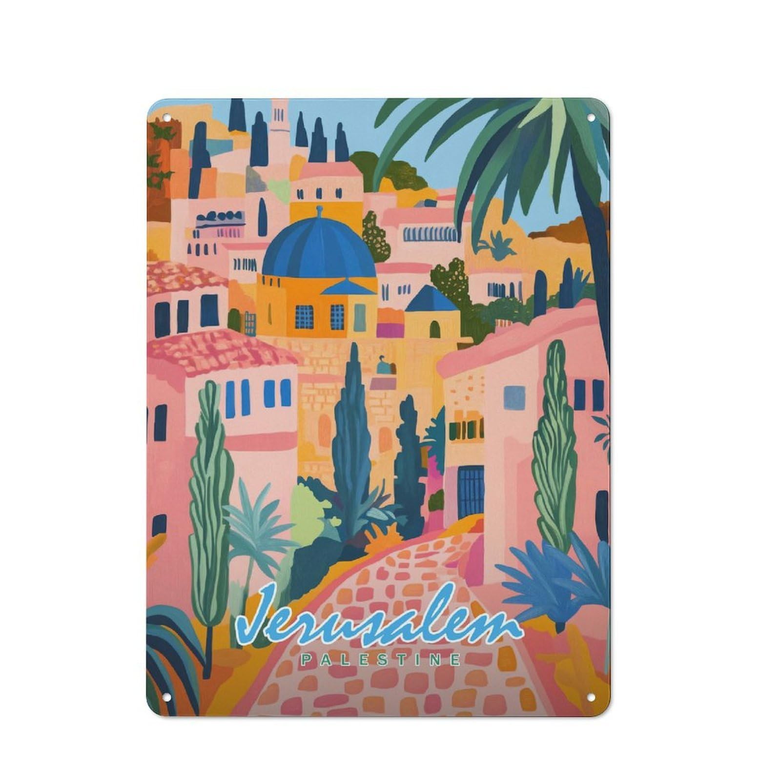 Junmoney Style-14 40X30cm Retro Tin Sign With Jerusalem Cityscape For Lounge Or Reading Corner, A Decorative Metal Sign For Lounges And Reading Corners