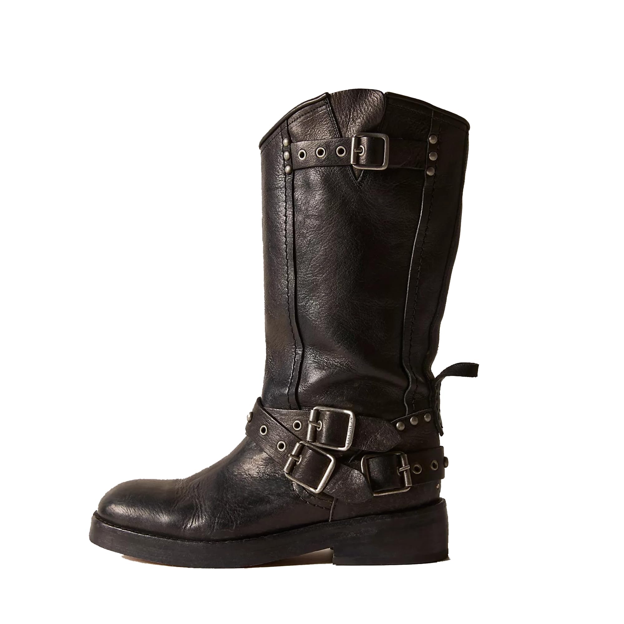 Arqa Women's Studded Moto Engineer Mid Calf Boots Square Toe Motorcycle Boots with Buckles Riding Biker Booties with Low Chunky Heel