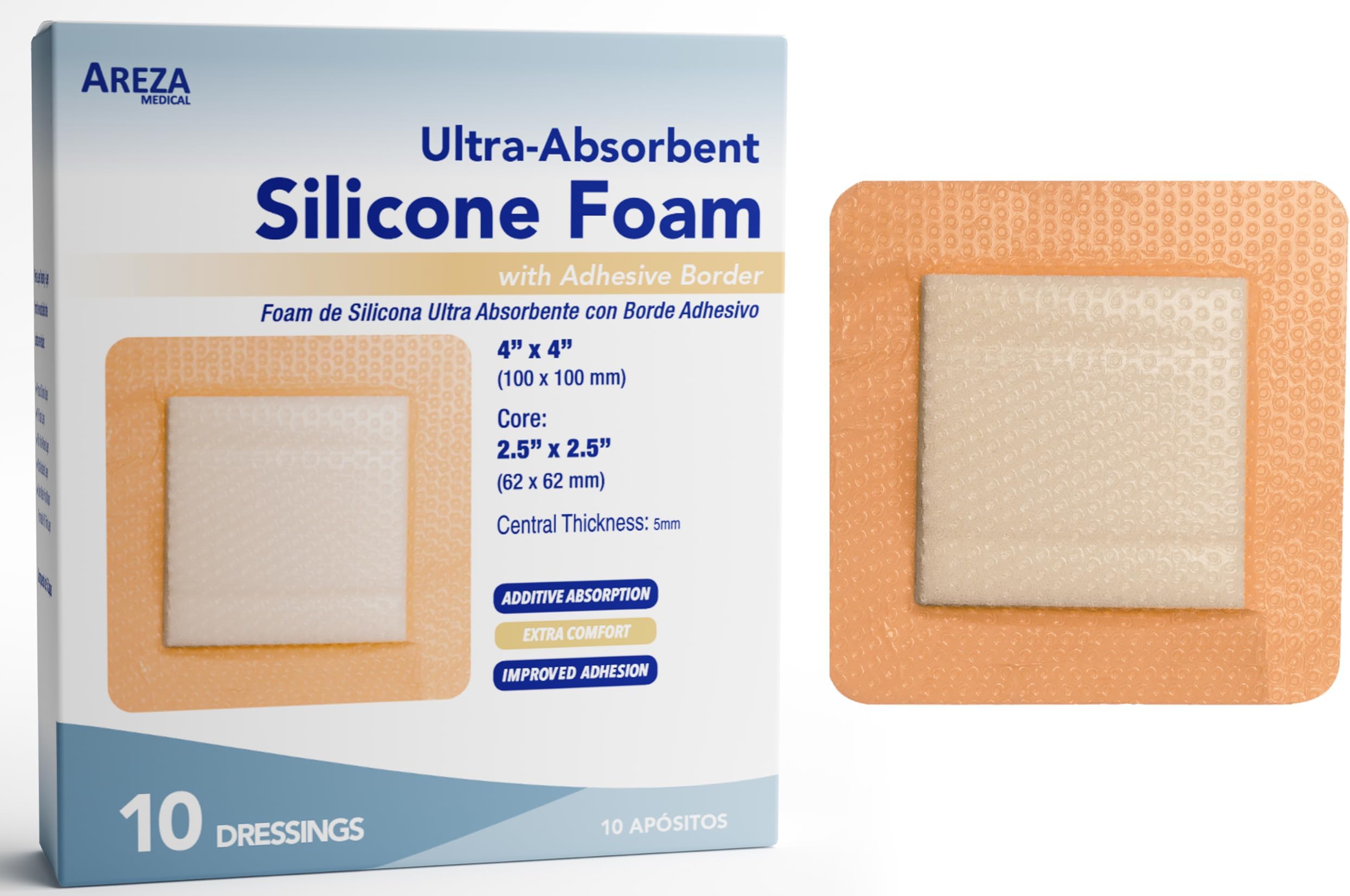 Areza Medical Silicone Foam Dressing with Border (Adhesive) Waterproof 4" X 4" (10 Cm X 10 Cm) (Central ultra absorbent-Foam 2.5" X 2.5") 10 Per Box (1)
