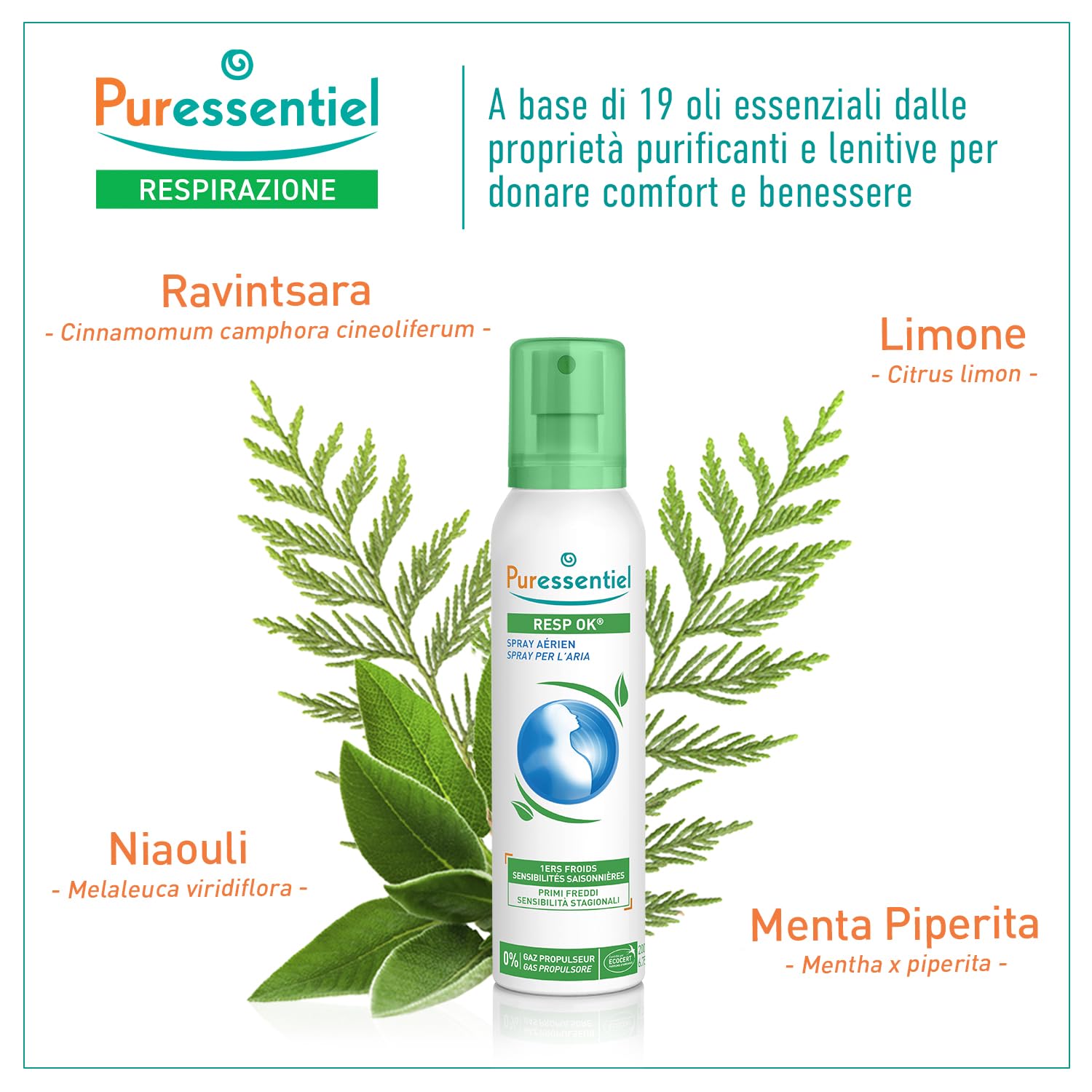 Puressentiel – Respirazione Spray per l’Aria – Per respirare più liberamente – Purifica l’aria – Primi freddi e sensibilità stagionali - 19 Oli essenziali puri – Con Eucalipto e Tea Tee – 200 ml