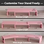 BONTEC Riser de support double moniteur avec porte-smartphone, longueur réglable & Angle pivotant, Organisateur de bureau ergonomique en bois pour PC Moniteur, Ordinateur portable, Imprimante, Grand Stockage, Rose