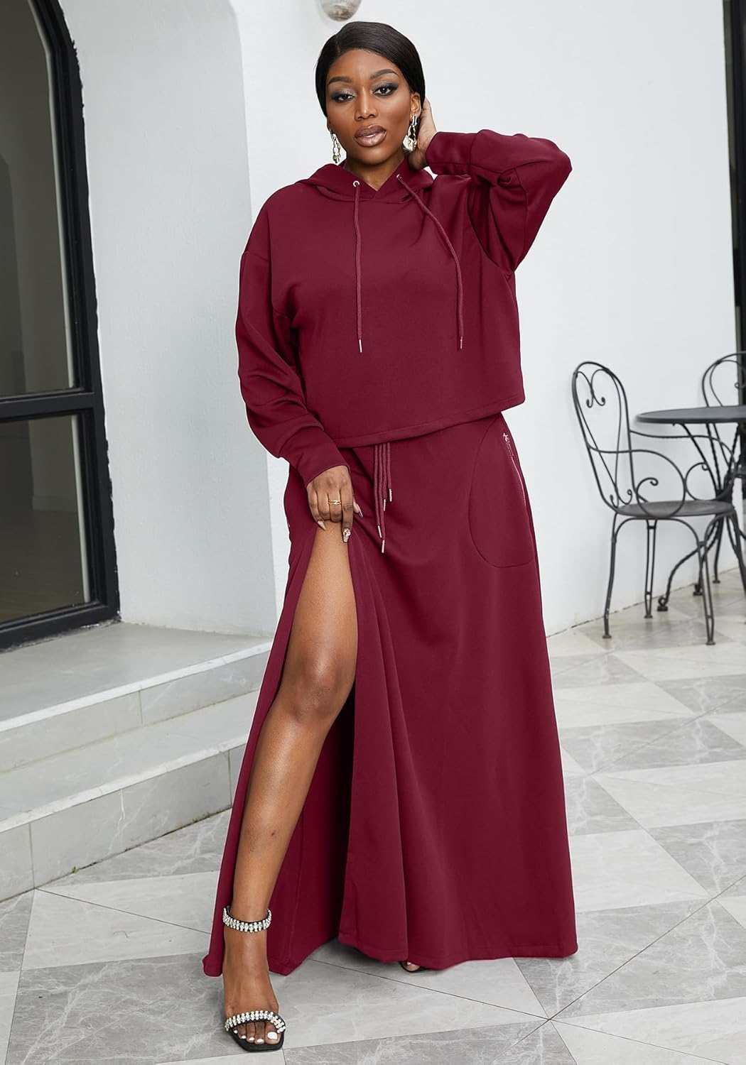 LAJIOJIO Women's 2 Piece Sets Casual Outfits,Hoodies Long Sleeves Sweatsuits and Split Maxi Skirt Lounge Sets - Image 2