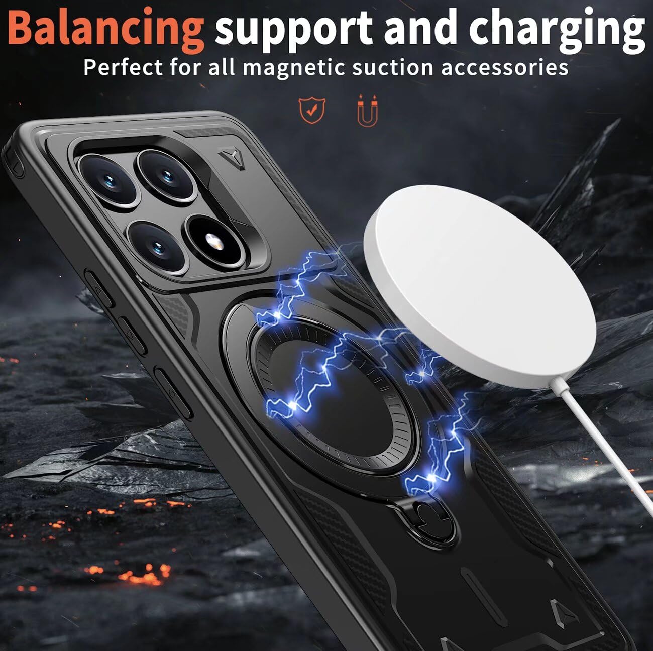 Etui na Xiaomi Poco X6 Pro 5G ze szkłem hartowanym*2, etui ochronne na smartfona z obrotowym pierścieniem - Odporny na wstrząsy czarny zderzak