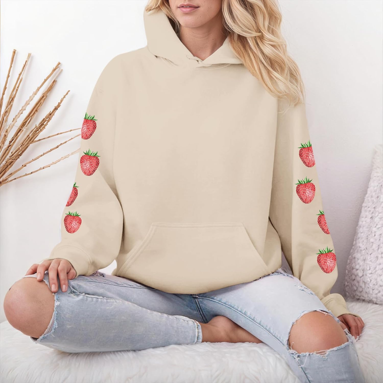 KEEVICI Women's Cute Sweatshirt Strawberry Sleeve Printed Cotton Warm Hoodie with Pocket - Image 2