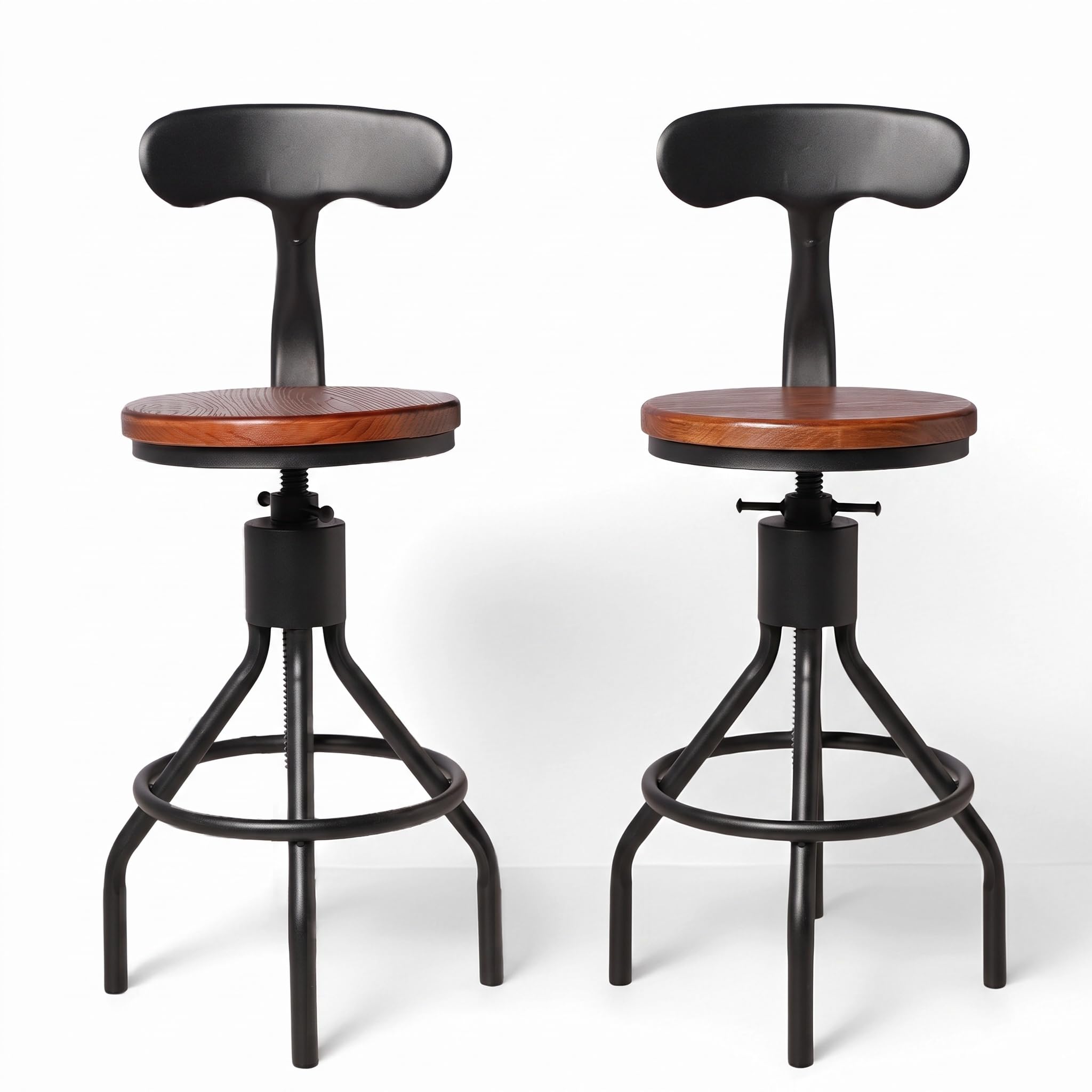 BOKKOLIK Set of 2 Industrial Bar Stools with Backrest, 23-33 inch Swivel Wooden Seat